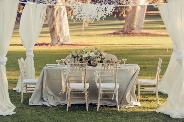 dine under a canopy of tulle Decorated with ivy and English roses