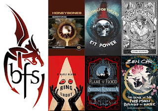 All the novella covers with the BFS logo dragon beside them