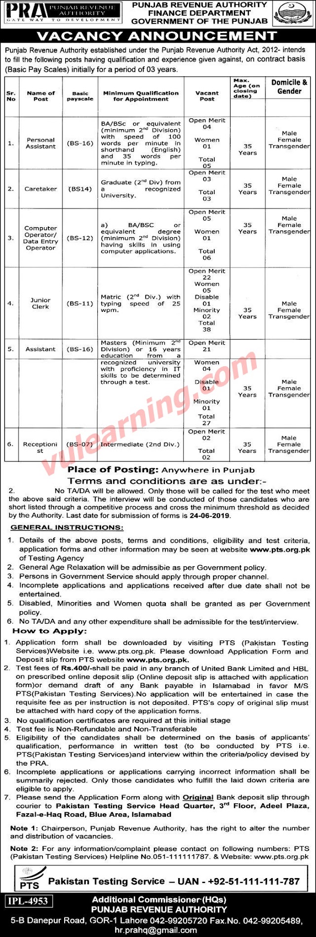 Punjab Revenue Authority (PRA) Jobs 2019 for 102+ Junior Clerks, Assistants, DEO & Others Latest