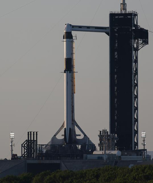 SpaceX's Falcon 9 rocket and Crew Dragon Endeavour capsule stand tall on the pad at Kennedy Space Center's Launch Complex 39A in Florida...on February 23, 2023.