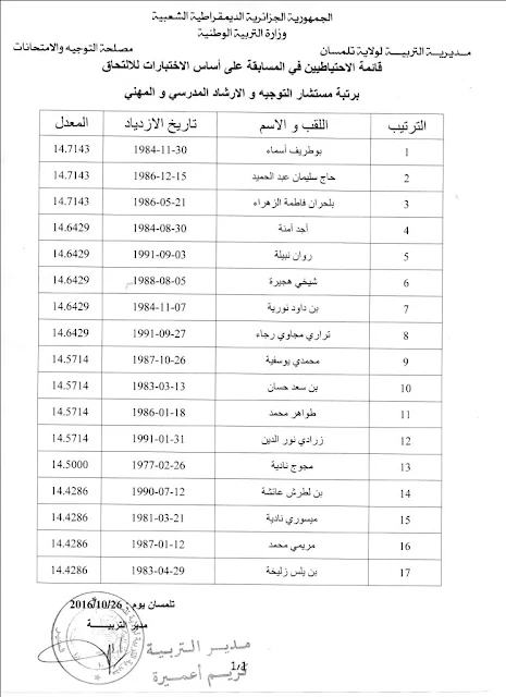  قائمة الناجحين والاحتياط مستشار التوجيه و الإرشاد المدرسي و المهني تلمسان