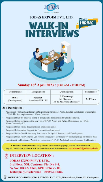 Jodas Expoim Pvt Ltd | Walk-in interview for Analytical Development on 16th April 2023