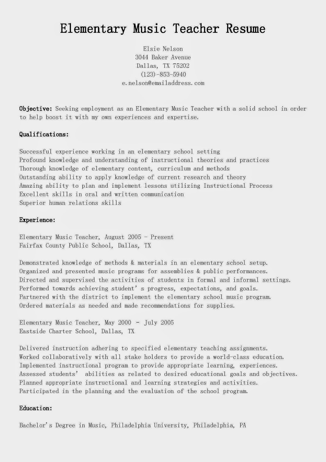 Resume Samples: Elementary Music Teacher Resume Sample