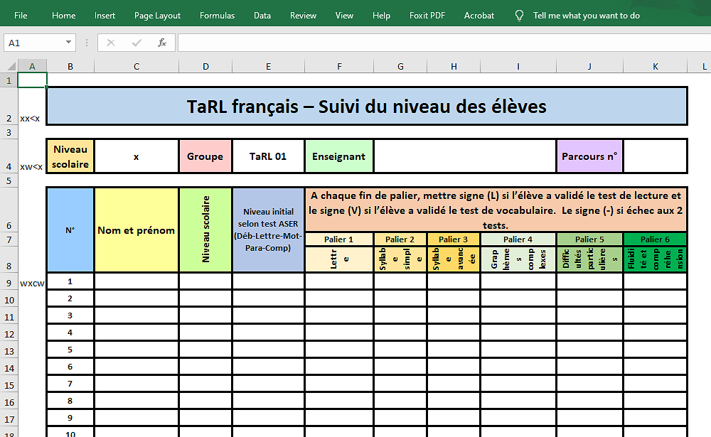 تطبيق Excel لحساب معدل رائز التصديق على جميع اللبنات TaRL | المدرسة الرائدة