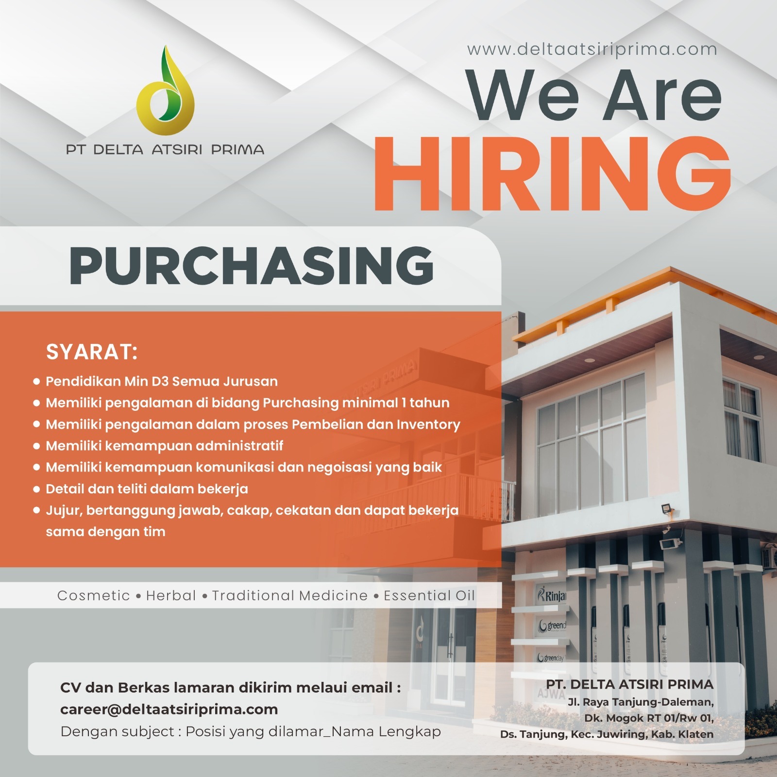 Loker Klaten Purchasing, Staff Regulatory, Manager Produksi PT Delta Atsiri Prima