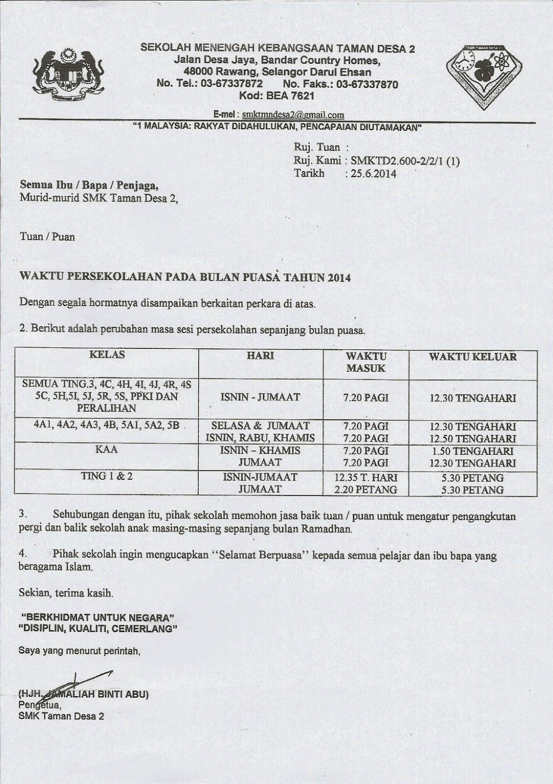 SMK TAMAN DESA 2 DAN PIBG: Surat Edaran