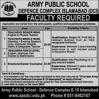 Army public school  job in Islamabad 2023 sanday jobs paper