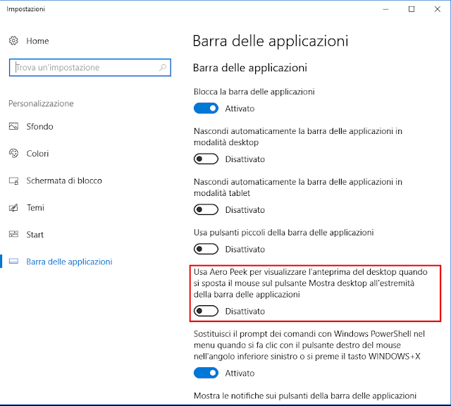 Disabilitare Aero Peek tramite la barra delle applicazioni