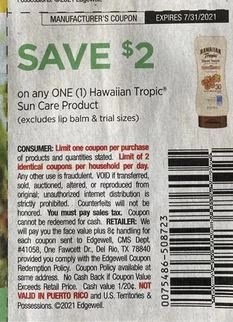 2.00/1 Hawaiian Tropic Sun Care Product Coupon from "SMARTSOURCE" insert week of 7/4/20.