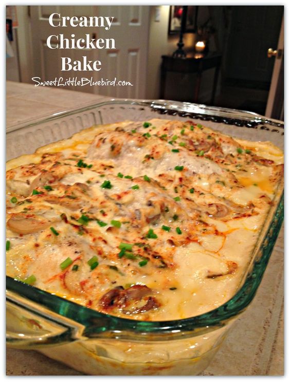 Creamy Chicken Bake ------- boneless chicken breasts, cream soups, sour cream, seasonings, and optional canned mushrooms.