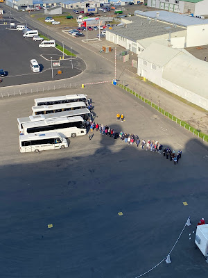people waiting in line for cruise line excursion bus
