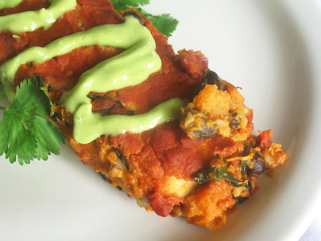 Vegan Black Bean and Sweet Potato Enchiladas with Avocado Cream Sauce