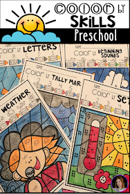 Weather Color by Skills for Preschool is a fun and engaging way to practice a variety of skills in your literacy and math centers. The boys and girls will build number recognition with numbers 1-10, tally mark recognition (1-6), shape identification, Match numbers to sets 1-5, 6-10, beginning sounds, ABC’s and simple sight words.