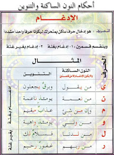 جدول حكم إدغام النون الساكنة والتنوين