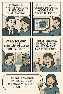 English alt text: A four-panel comic on digital twin risk simulation: 1) Two people discuss infrastructure risk challenges; 2) A woman explains digital twins create dynamic models; 3) Two men mention IoT and AI simulating failures; 4) A woman gives a thumbs-up, stating these engines improve risk management and resilience.
