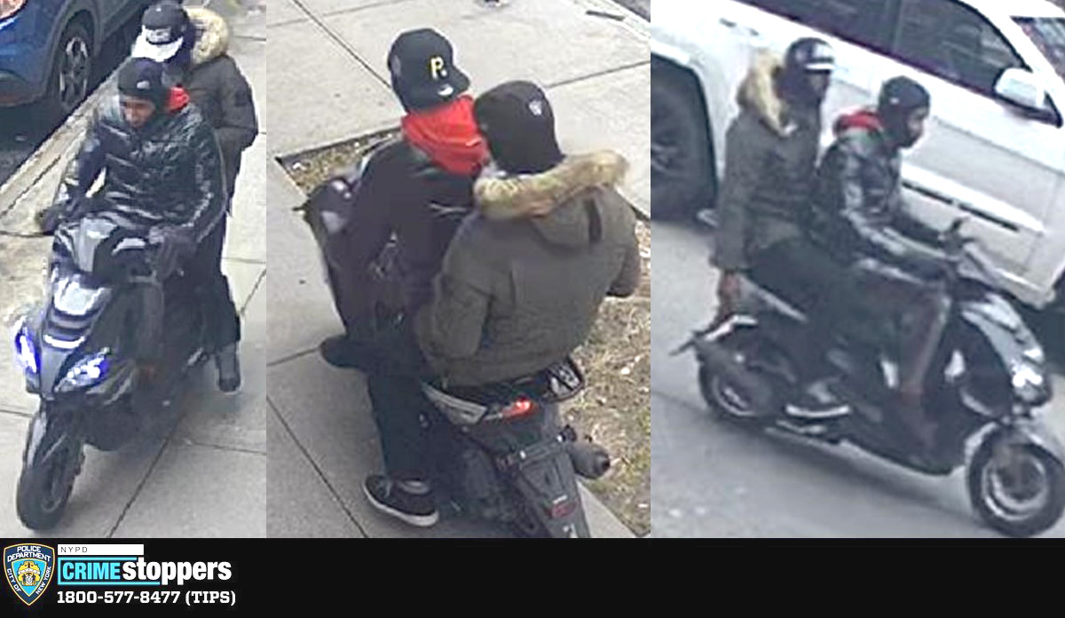 The NYPD is searching for two men who used a moped to race up to a victim and steal her cellphone. -Photo by NYPD