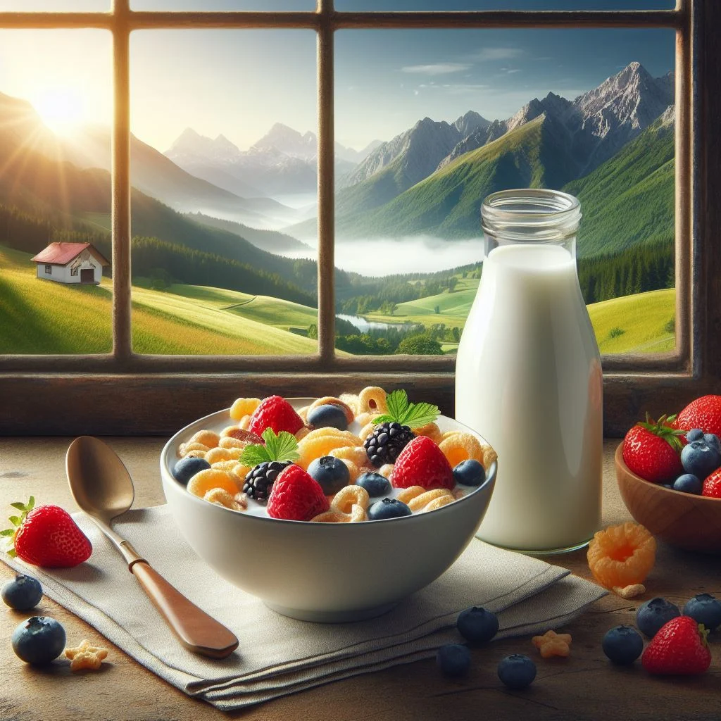 plato de cereal con frutas frente a una ventana con vista al campo