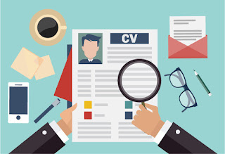 A cartoon of a magnifying glass over a resume illustrating that there are important details not reflected on a CV that interviewing skills training can reveal