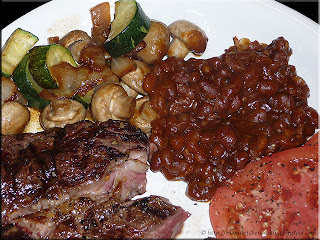 ribeye steak dinner with take-out beans