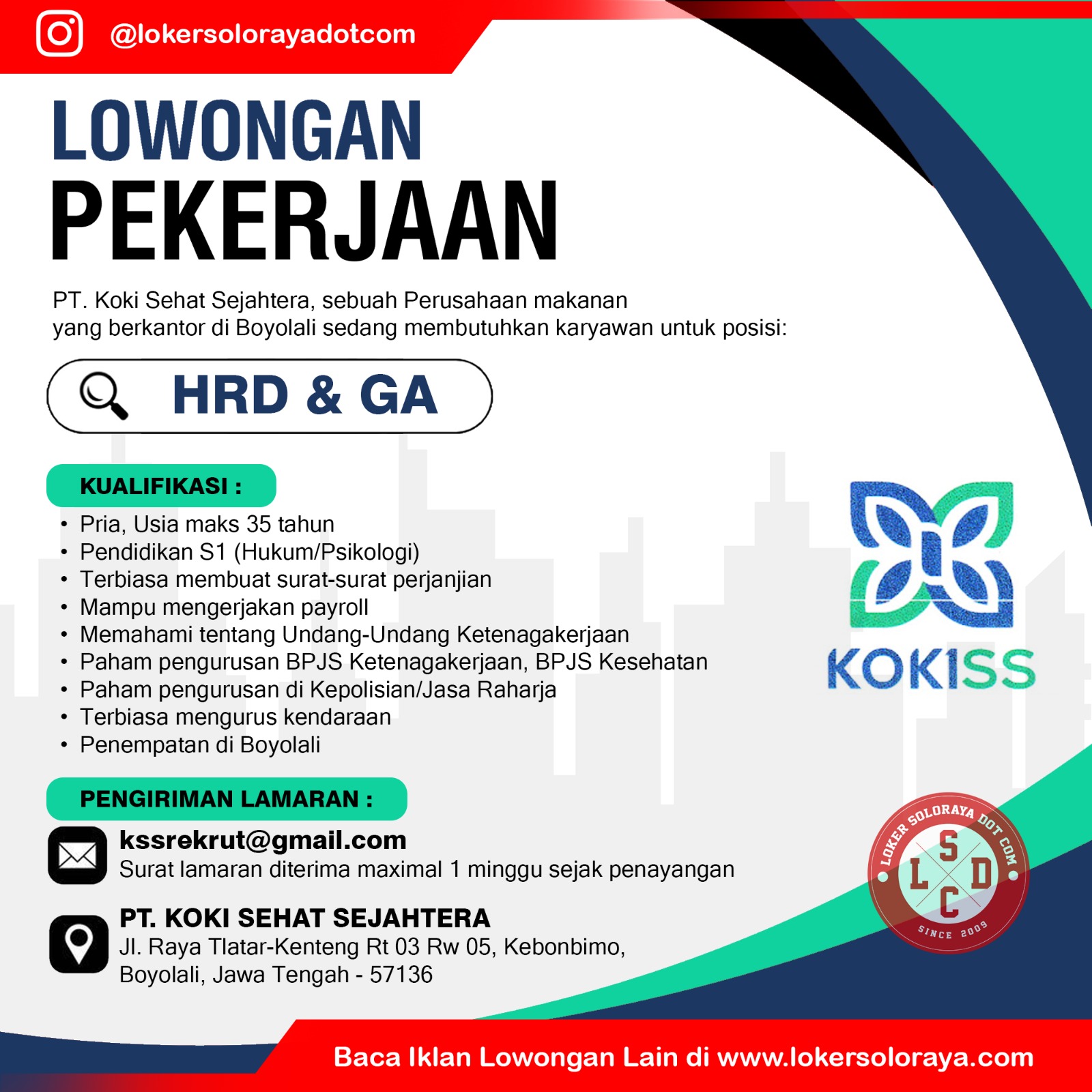 Loker Boyolali untuk 1 Posisi di PT Koki Sehat Sejahtera