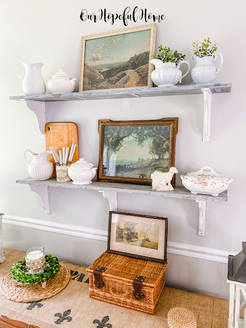 bright dining room farmhouse shelves ironstone vintage art