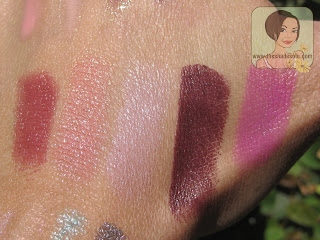 MAC Lipsticks in Glamourdaze, Innocence, Beauty, Dramatic Encounter, Outrageously Fun