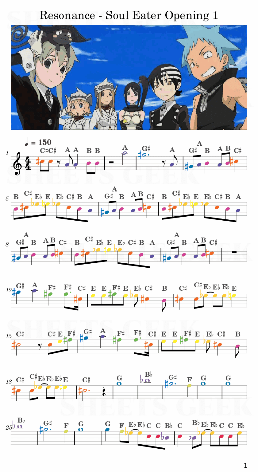 Resonance - Soul Eater Opening 1 Easy Sheet Music Free for piano, keyboard, flute, violin, sax, cello page 1