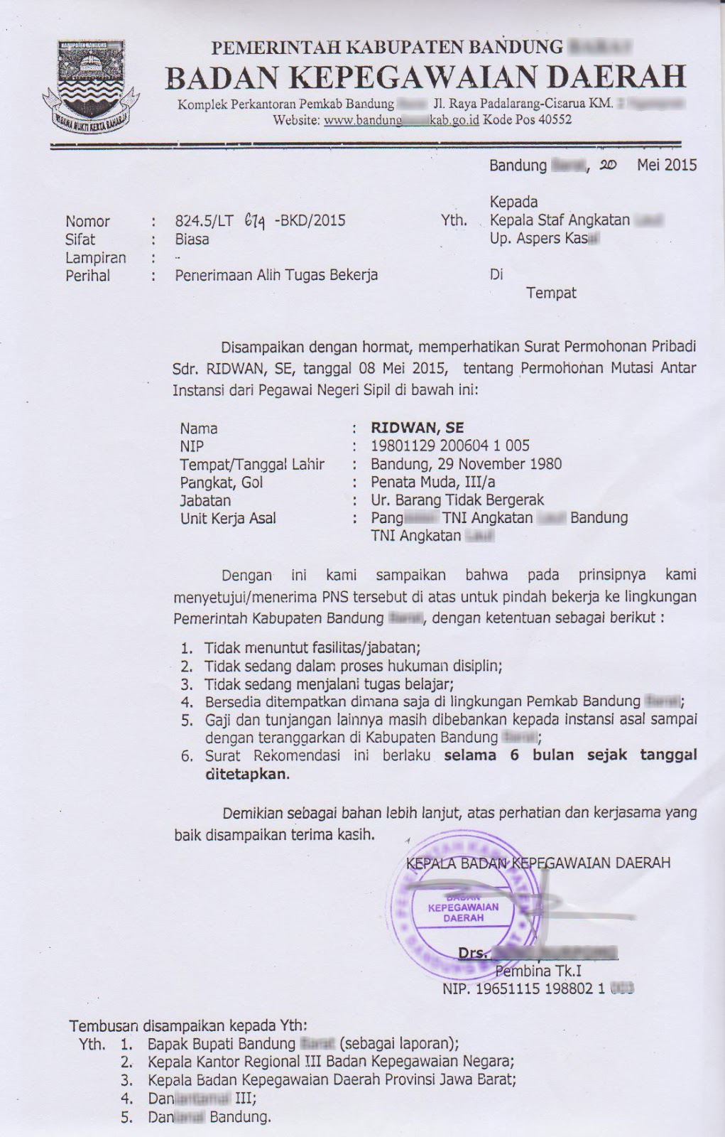 Contoh Surat Rekomendasi Menerima Mutasi  Contoh Surat