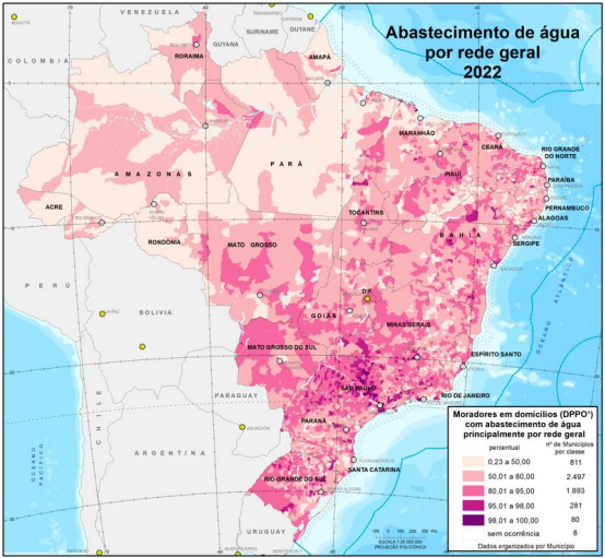Cartograma do abastecimento de água pela rede geral de distribuição em 2022 - Censo 2022 - IBGE