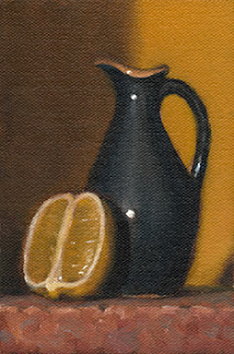 Still life oil painting of a lemon half beside a blue porcelain sauce jug.