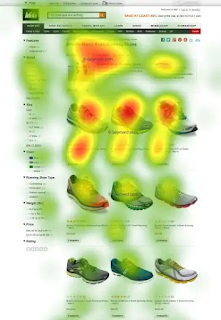 Webpage selling shoes with superimposed heatmap showing time spent looking at parts of the image