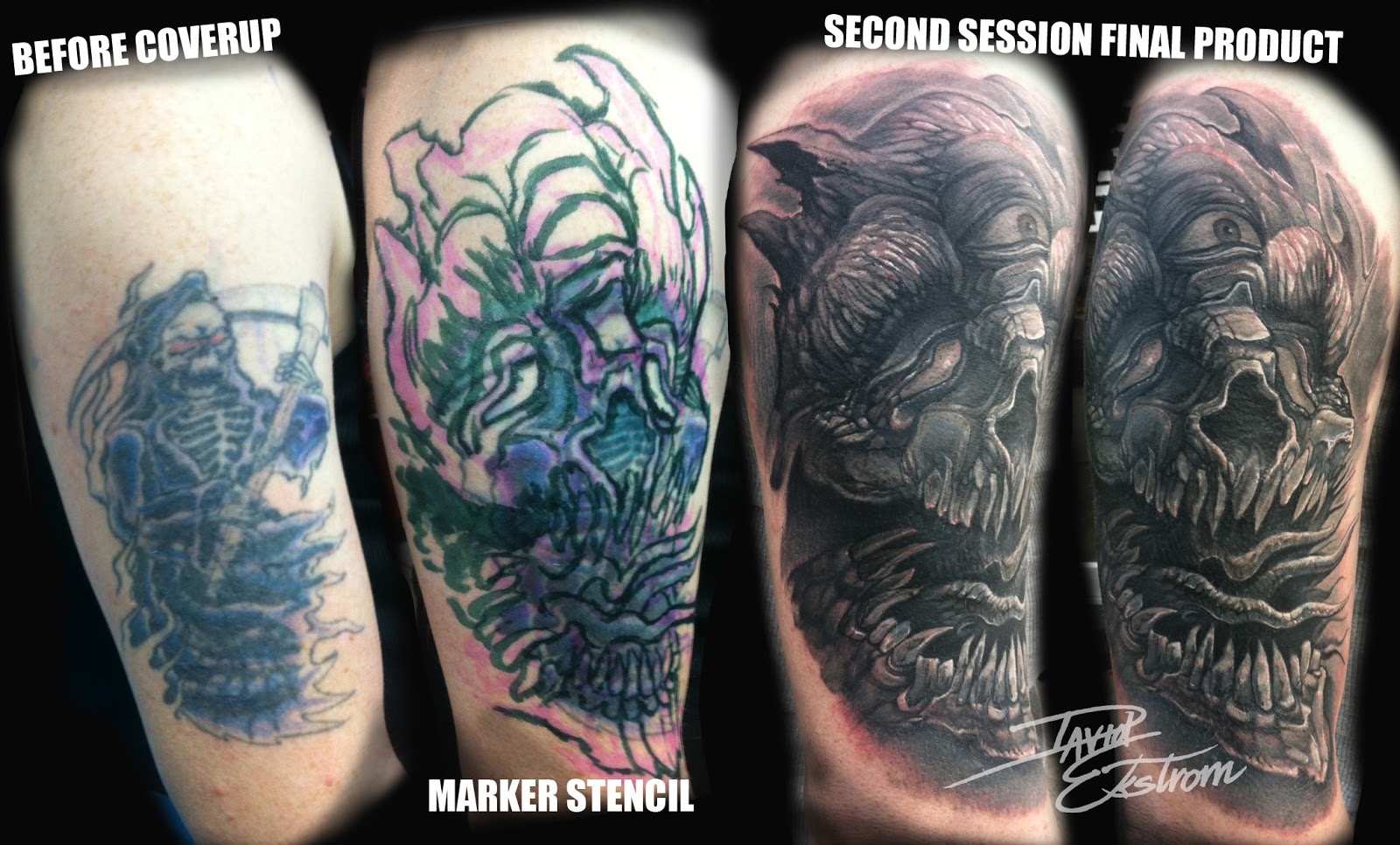 Tattoos & Art by: DAVID EKSTROM: Reaper- Skull Coverup