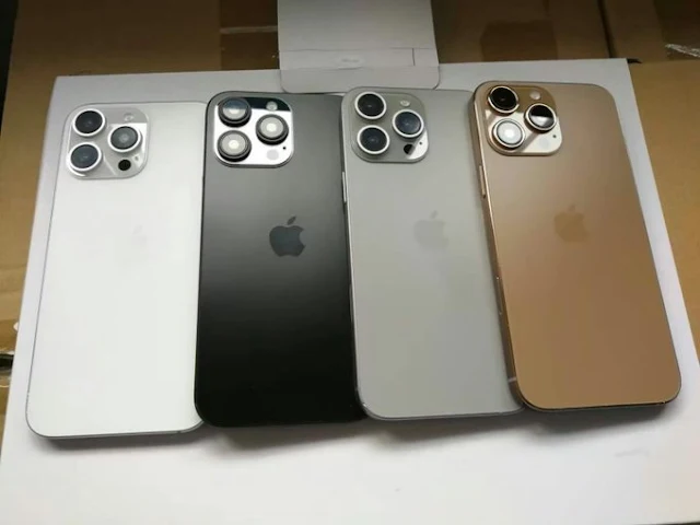 iPhone 16 in various colors: white, black, gray, and gold.
