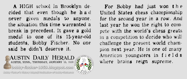 Erasmus Hall High School Awards Bobby Fischer Gold Medal for Achievement