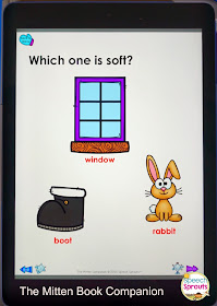 Learn how to use No-Print Activities in speech therapy on your I-Pad or computer like this The Mitten Book Companion for winter. Portable and no-prep materials that make organization easy. Terrific with toddlers, preschool and autism students. #speechsprouts #speechtherapy #noprint #winter www.speechsproutstherapy.com