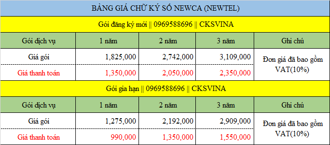 Bảng báo giá chữ ký số Newca 2021