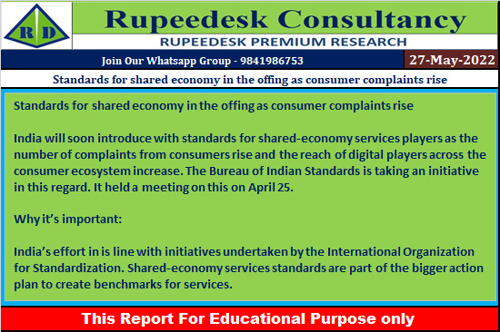 Standards for shared economy in the offing as consumer complaints rise - Rupeedesk Reports - 27.05.2022