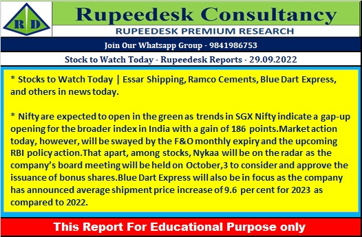 Stock to Watch Today - Rupeedesk Reports - 29.09.2022