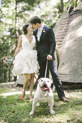 novios con un perro blanco con la lengua afuera