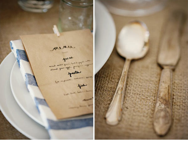 with fantastic burlap linens accented with pieces of antique silver