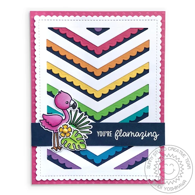 Sunny Studio Stamps: Fabulous Flamingos Rainbow Chevron Scalloped Card (using Fishtail Banner & Frilly Frames Dies)