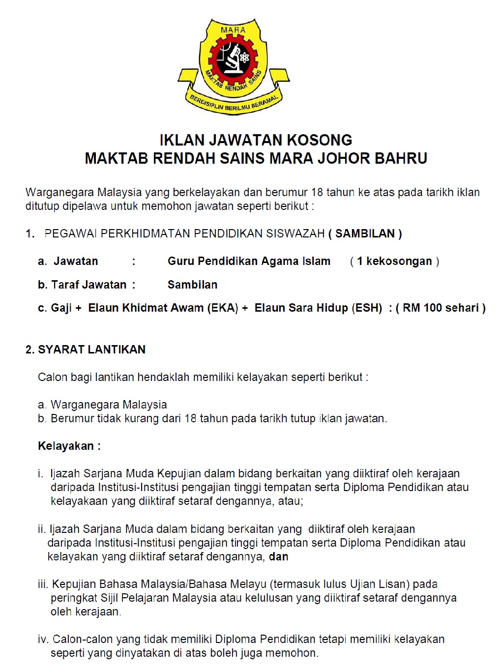 Jawatan Kosong di Maktab Rendah Sains Mara (MSRM) Johor 