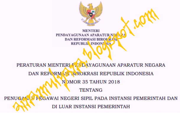  Peraturan Menpan atau Permenpan RB Nomor  Permenpan RB No 35 [Tahun] 2018 (Tentang) PENUGASAN PNS Pada INSTANSI Pemerintah &  di LUAR INSTANSI PEMERINTAH