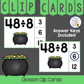 Division Facts 1 to 12 Clip Cards St. Patrick's Day Themed