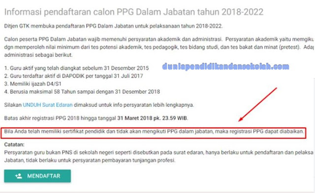 Pendaftaran PPG Dalam Jabatan (PPGJ) Tahun 2018-2022 bagi yang belum sertifikasi dan sudah sertifikasi di SIM PKB