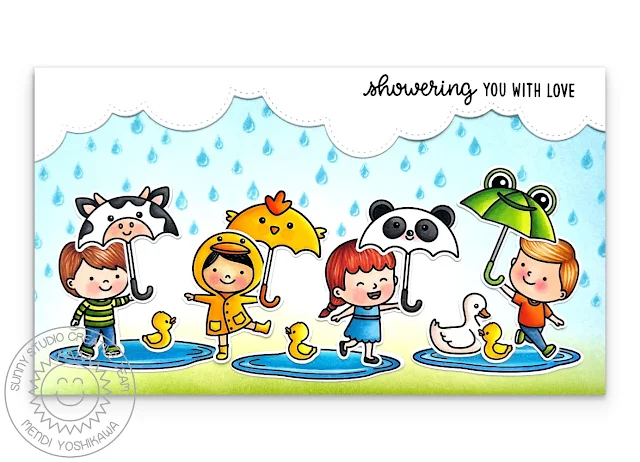 Sunny Studio Kids with Critter Umbrellas Slimline Card using Puddle Jumpers & Spring Showers Stamps + Slimline Nature Border Dies