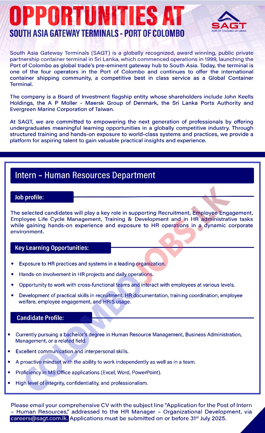 Intern - HR Department - South Asia Gateway Terminals (Pvt) Ltd Job Vacancy