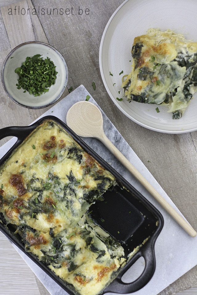 Lasagne met witte vis, spinazie en mosterdsaus - a floral sunset