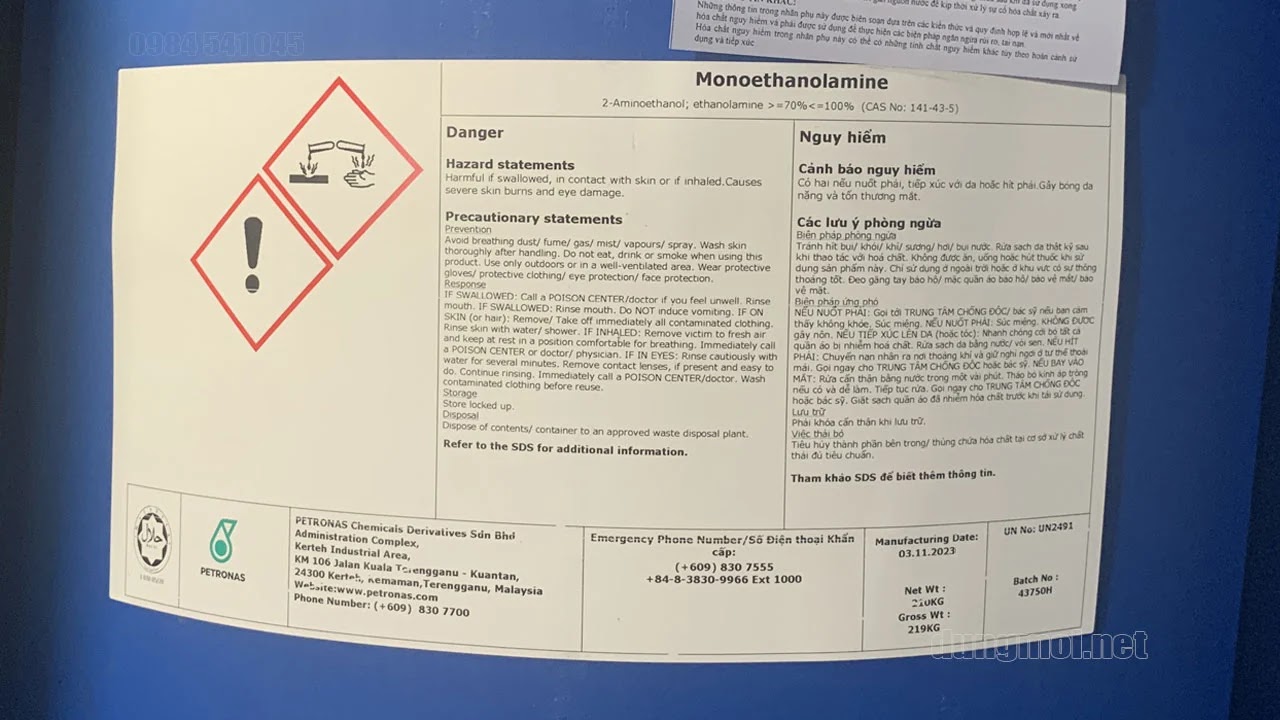 Dung môi Monoethanolamine - MEA (2-aminoethanol)