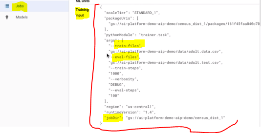 We can verify training Input from AI Platform and checking output file